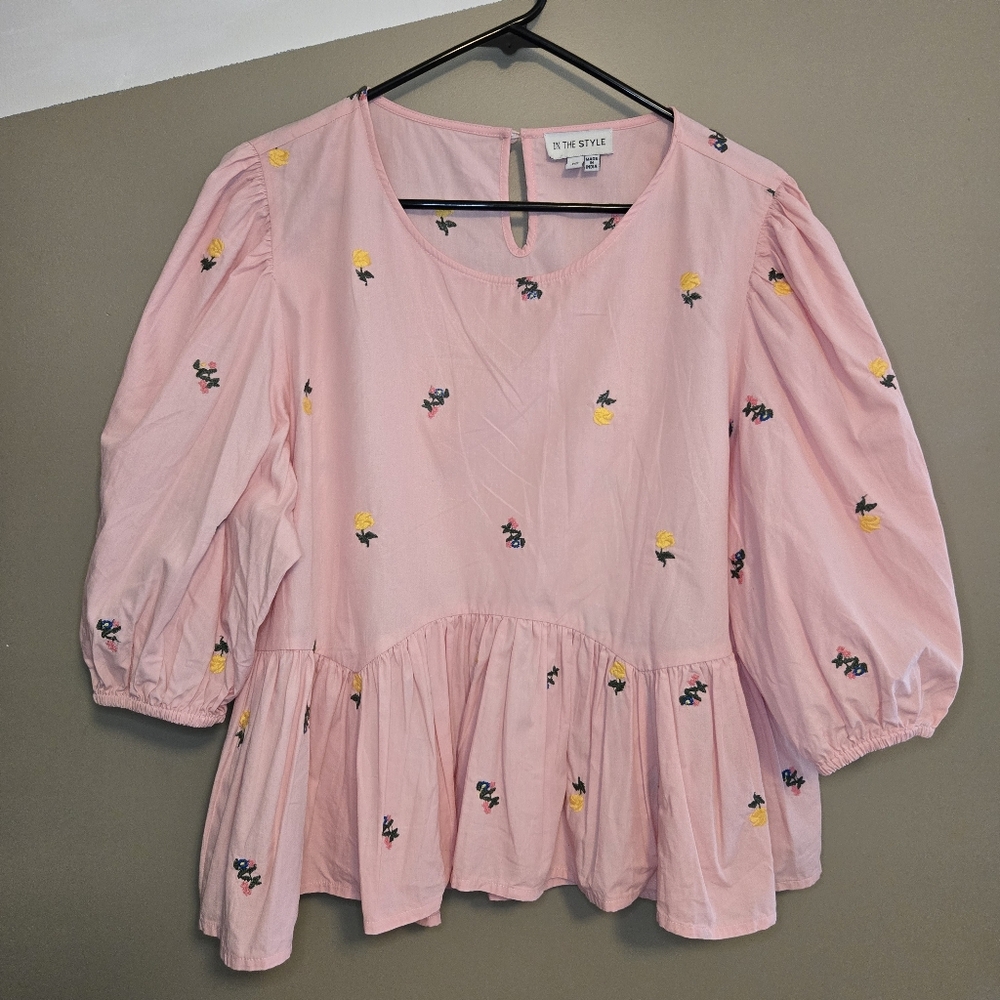 In The Style Women’s Pink Floral Embroidered Frill Top 1/2 Sleeves Size 14